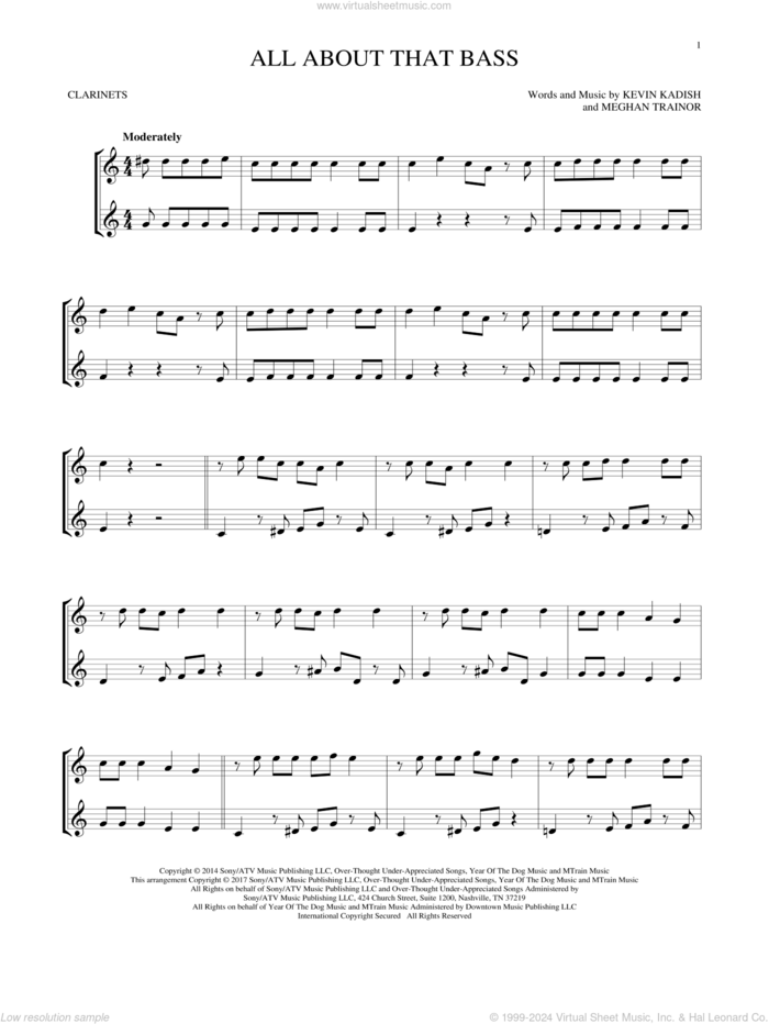 All About That Bass sheet music for two clarinets (duets) by Meghan Trainor and Kevin Kadish, intermediate skill level