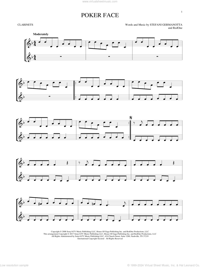 Poker Face sheet music for two clarinets (duets) by Lady Gaga and RedOne, intermediate skill level