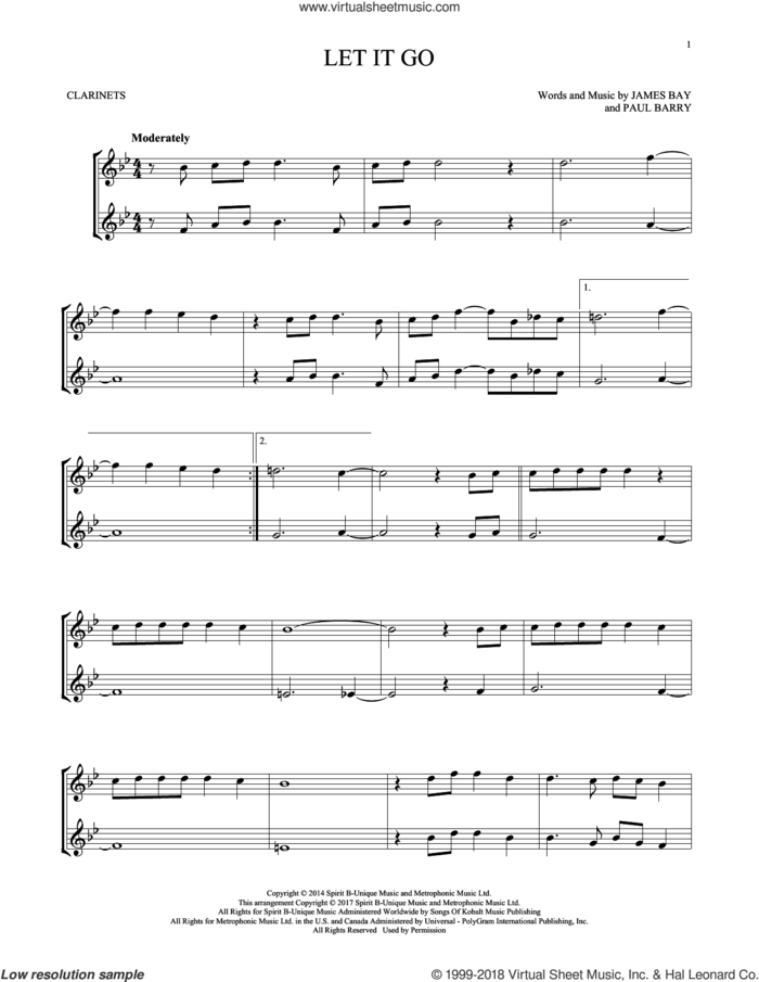 Let It Go sheet music for two clarinets (duets) by James Bay and Paul Barry, intermediate skill level