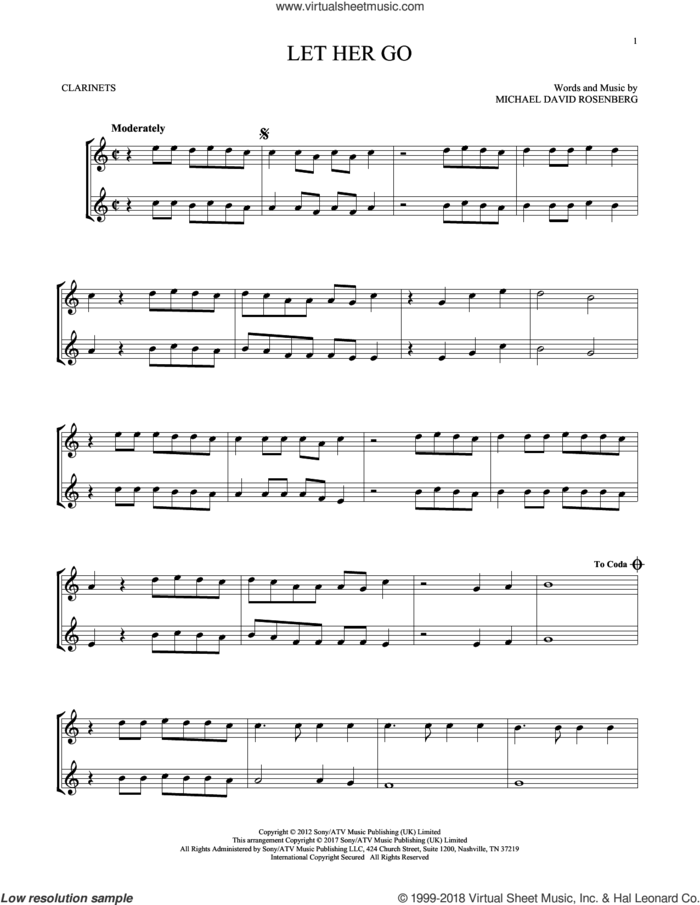Let Her Go sheet music for two clarinets (duets) by Passenger and Michael David Rosenberg, intermediate skill level