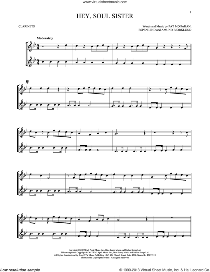 Hey, Soul Sister sheet music for two clarinets (duets) by Train, Amund Bjorklund, Espen Lind and Pat Monahan, intermediate skill level