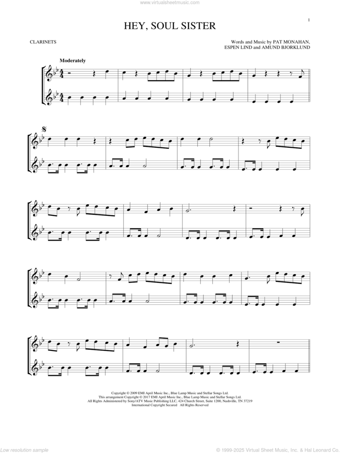 Hey, Soul Sister sheet music for two clarinets (duets) by Train, Amund Bjorklund, Espen Lind and Pat Monahan, intermediate skill level