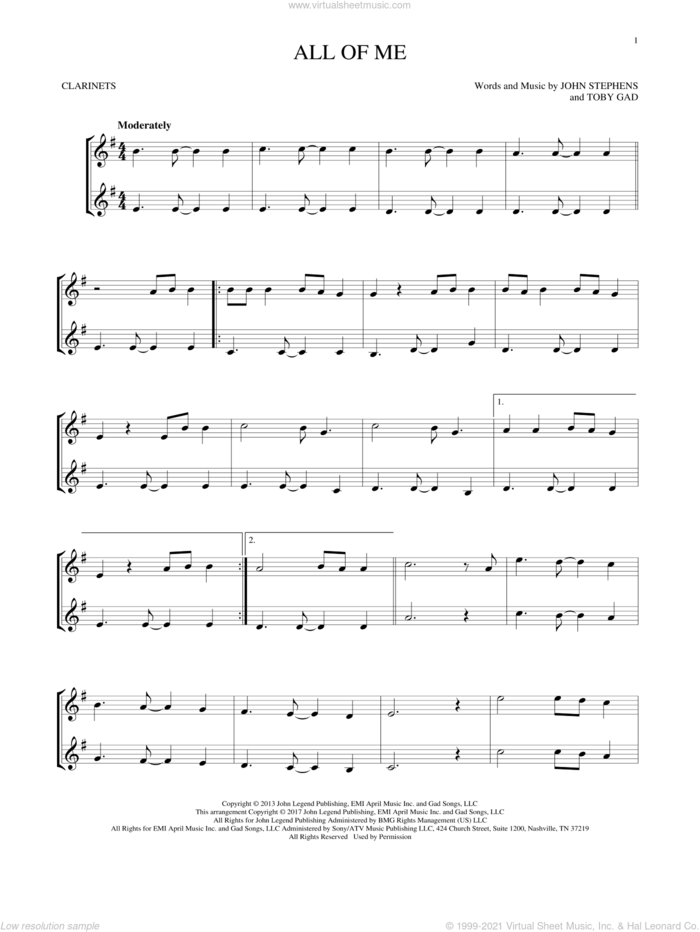 All Of Me sheet music for two clarinets (duets) by John Legend, John Stephens and Toby Gad, intermediate skill level