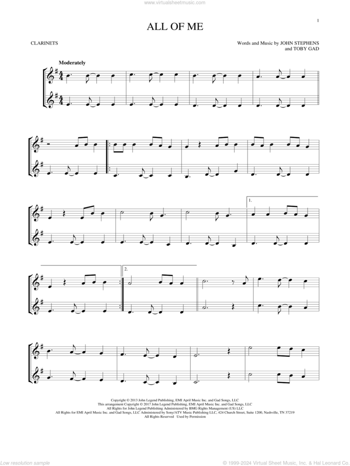 All Of Me sheet music for two clarinets (duets) by John Legend, John Stephens and Toby Gad, wedding score, intermediate skill level