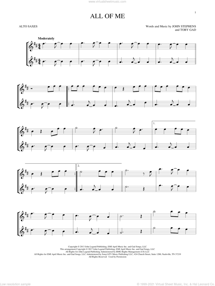All Of Me sheet music for two alto saxophones (duets) by John Legend, John Stephens and Toby Gad, intermediate skill level