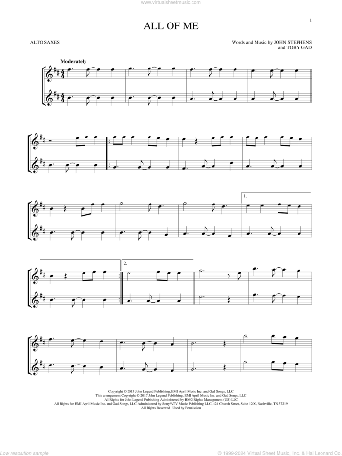 All Of Me sheet music for two alto saxophones (duets) by John Legend, John Stephens and Toby Gad, wedding score, intermediate skill level