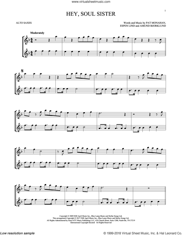 Hey, Soul Sister sheet music for two alto saxophones (duets) by Train, Amund Bjorklund, Espen Lind and Pat Monahan, intermediate skill level