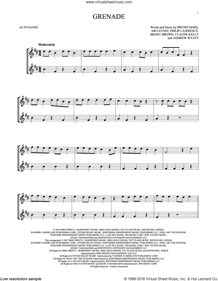 Grenade sheet music for two alto saxophones (duets) by Bruno Mars, Andrew Wyatt, Ari Levine, Brody Brown, Claude Kelly and Philip Lawrence, intermediate skill level