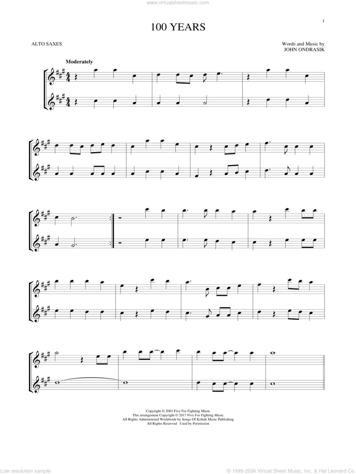 100 Years sheet music for two alto saxophones (duets) by Five For Fighting and John Ondrasik, intermediate skill level