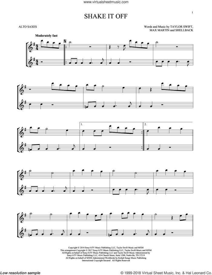 Shake It Off sheet music for two alto saxophones (duets) by Taylor Swift, Johan Schuster, Max Martin and Shellback, intermediate skill level