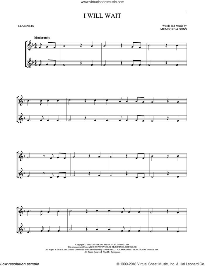 I Will Wait sheet music for two clarinets (duets) by Mumford & Sons, intermediate skill level