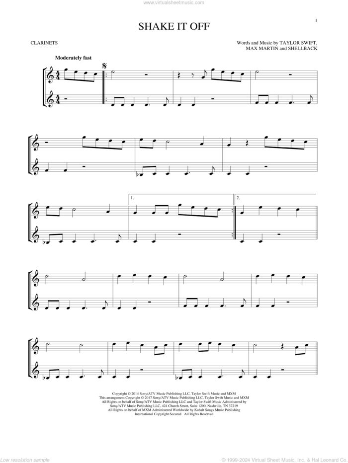 Shake It Off sheet music for two clarinets (duets) by Taylor Swift, Johan Schuster, Max Martin and Shellback, intermediate skill level