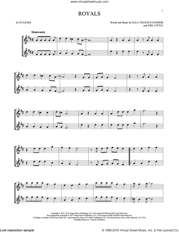 Royals sheet music for two alto saxophones (duets) by Lorde and Joel Little, intermediate skill level