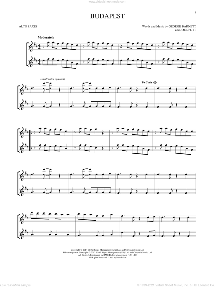 Budapest sheet music for two alto saxophones (duets) by George Ezra, George Barnett and Joel Pott, intermediate skill level