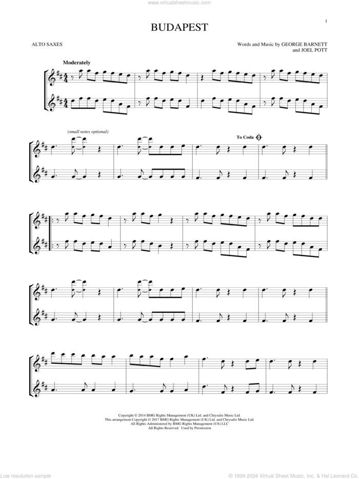 Budapest sheet music for two alto saxophones (duets) by George Ezra, George Barnett and Joel Pott, intermediate skill level