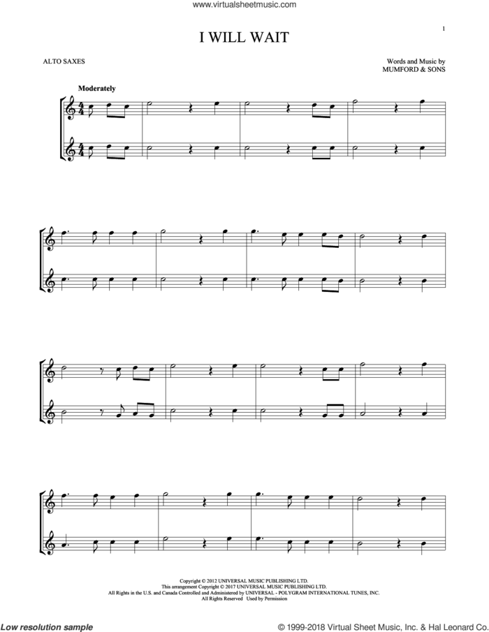 I Will Wait sheet music for two alto saxophones (duets) by Mumford & Sons, intermediate skill level