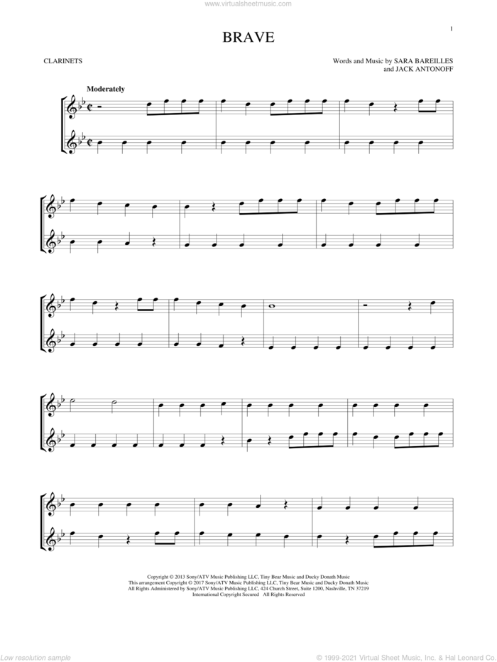 Brave sheet music for two clarinets (duets) by Sara Bareilles and Jack Antonoff, intermediate skill level