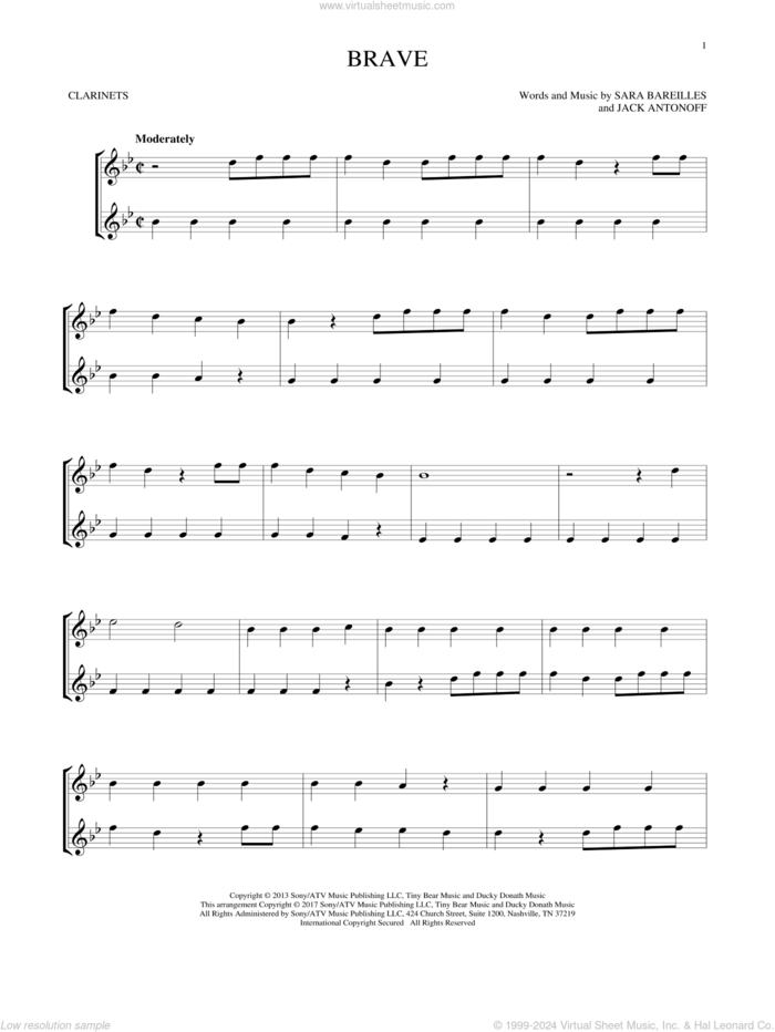 Brave sheet music for two clarinets (duets) by Sara Bareilles and Jack Antonoff, intermediate skill level