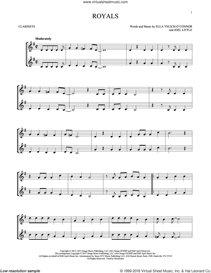 Royals sheet music for two clarinets (duets) by Lorde and Joel Little, intermediate skill level