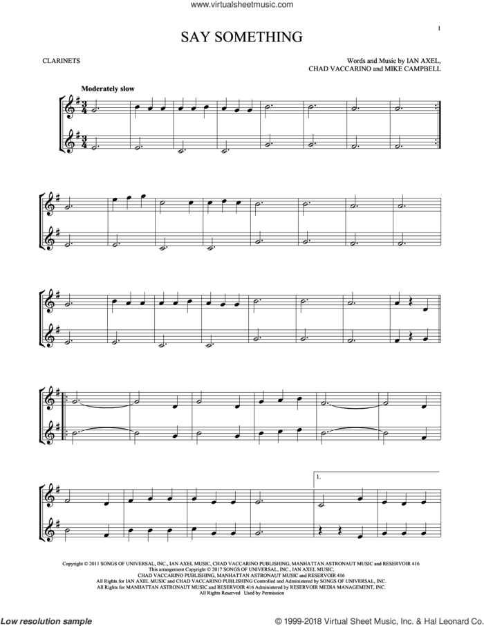 Say Something sheet music for two clarinets (duets) by A Great Big World, Chad Vaccarino, Ian Axel and Mike Campbell, intermediate skill level