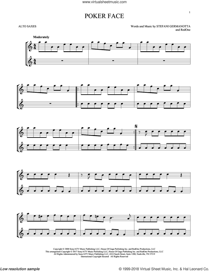 Poker Face sheet music for two alto saxophones (duets) by Lady Gaga and RedOne, intermediate skill level