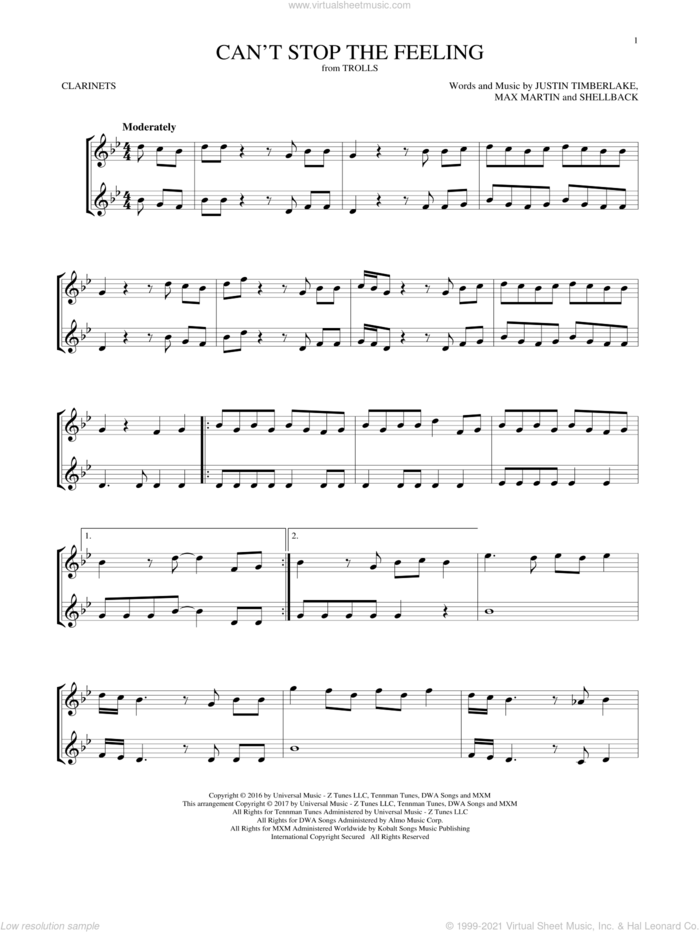 Can't Stop The Feeling sheet music for two clarinets (duets) by Justin Timberlake, Johan Schuster, Max Martin and Shellback, intermediate skill level