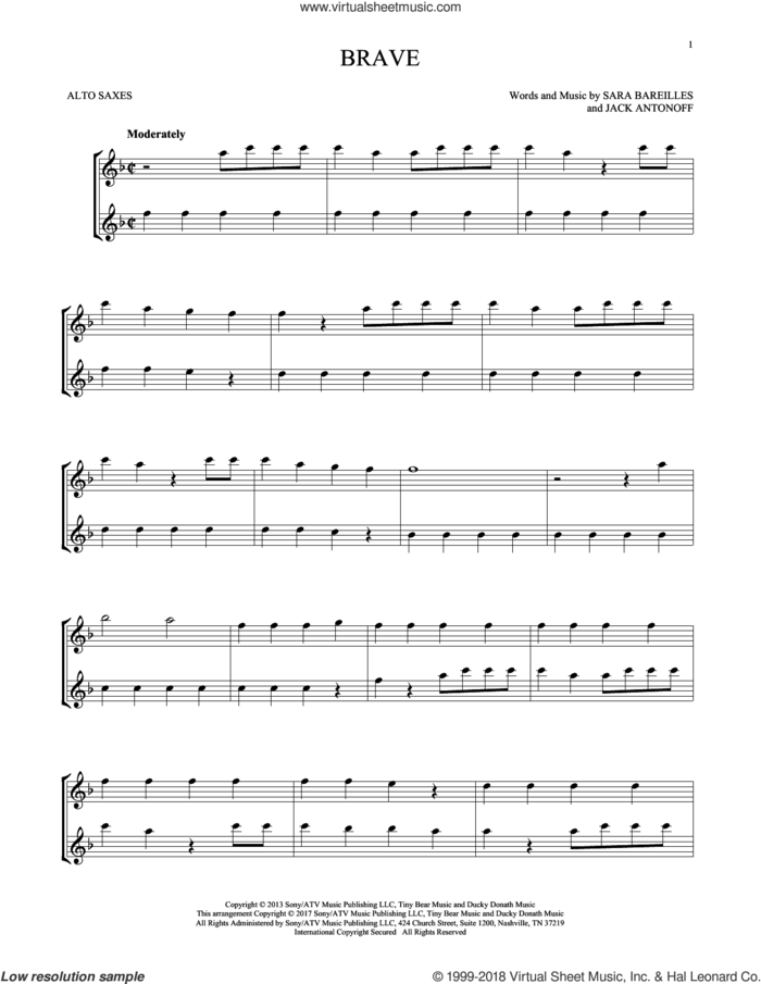 Brave sheet music for two alto saxophones (duets) by Sara Bareilles and Jack Antonoff, intermediate skill level
