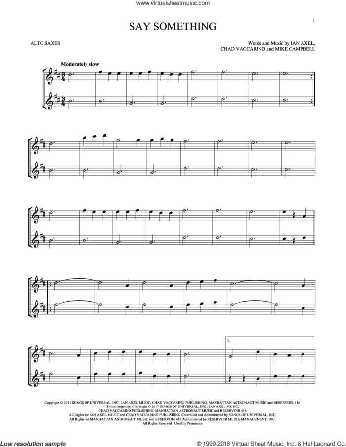 Say Something sheet music for two alto saxophones (duets) by A Great Big World, Chad Vaccarino, Ian Axel and Mike Campbell, intermediate skill level