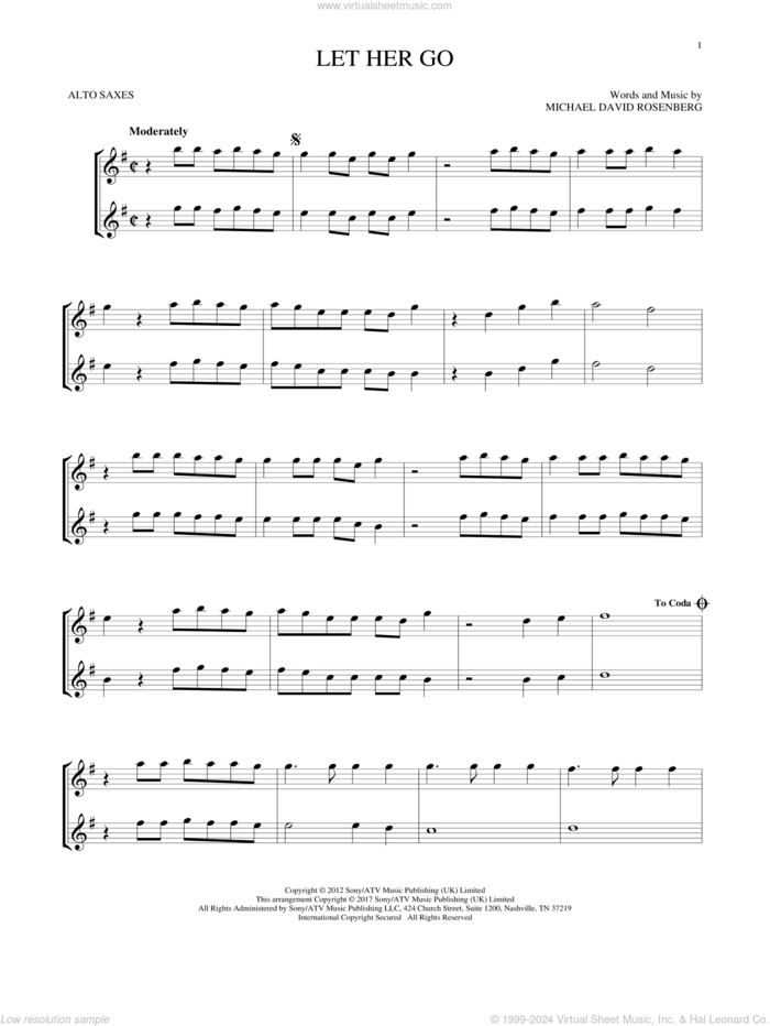 Let Her Go sheet music for two alto saxophones (duets) by Passenger and Michael David Rosenberg, intermediate skill level