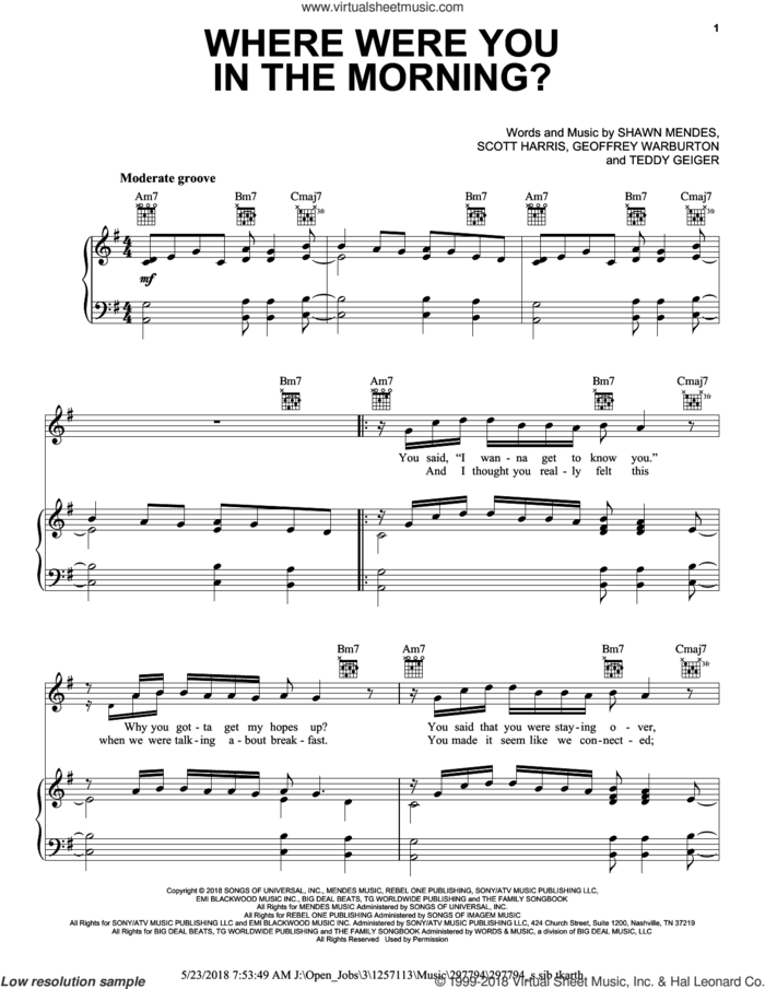 Where Were You In The Morning? sheet music for voice, piano or guitar by Shawn Mendes feat. John Mayer, Geoffrey Warburton, Scott Harris, Shawn Mendes and Teddy Geiger, intermediate skill level