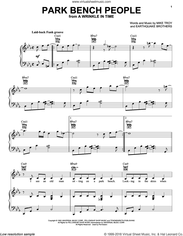 Park Bench People (from A Wrinkle In Time) sheet music for voice, piano or guitar by Earthquake Brothers and Mike Troy, intermediate skill level