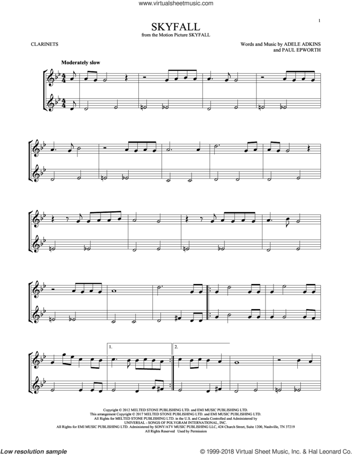 Skyfall sheet music for two clarinets (duets) by Adele, Adele Adkins and Paul Epworth, intermediate skill level