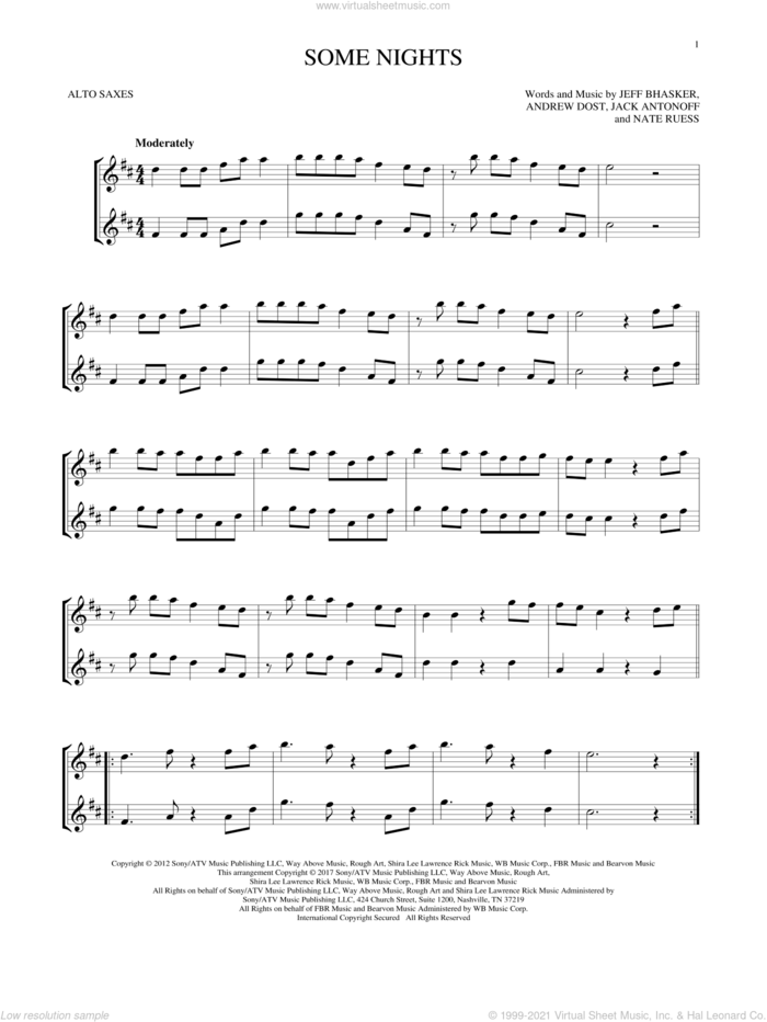 Some Nights sheet music for two alto saxophones (duets) by Jeff Bhasker, Fun, Andrew Dost, Jack Antonoff and Nate Ruess, intermediate skill level