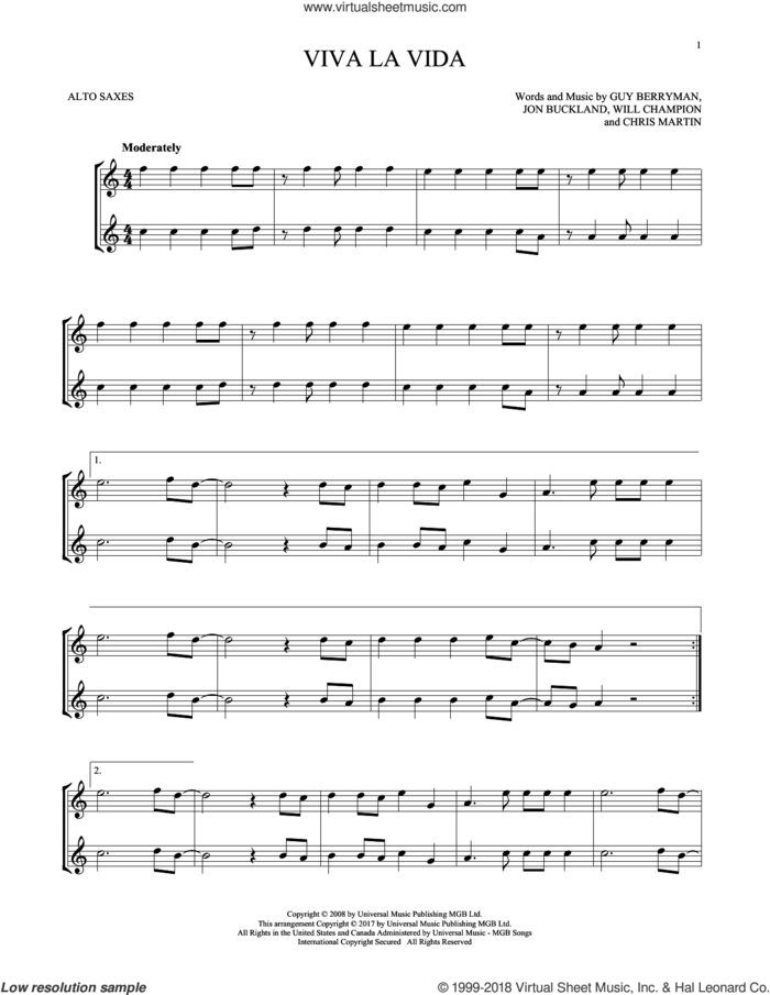 Viva La Vida sheet music for two alto saxophones (duets) by Guy Berryman, Coldplay, Chris Martin, Jon Buckland and Will Champion, intermediate skill level