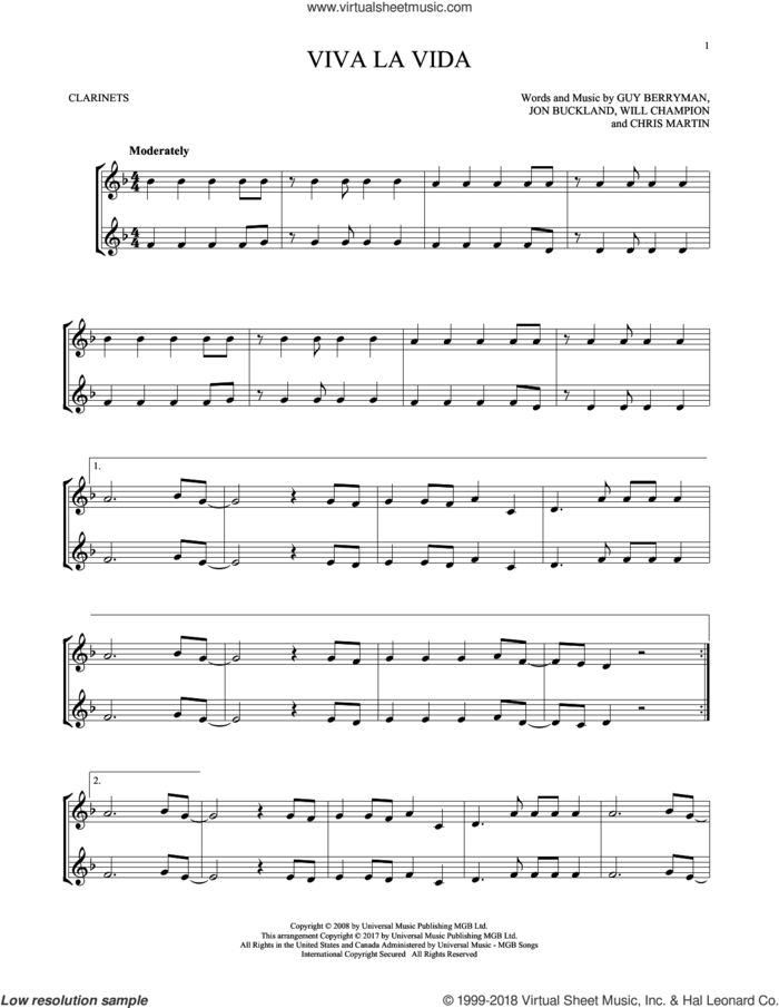 Viva La Vida sheet music for two clarinets (duets) by Guy Berryman, Coldplay, Chris Martin, Jon Buckland and Will Champion, intermediate skill level