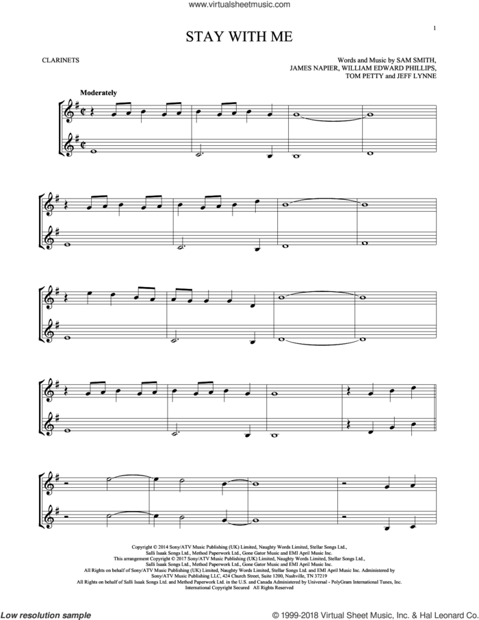 Stay With Me sheet music for two clarinets (duets) by Sam Smith, James Napier, Jeff Lynne, Tom Petty and William Edward Phillips, intermediate skill level