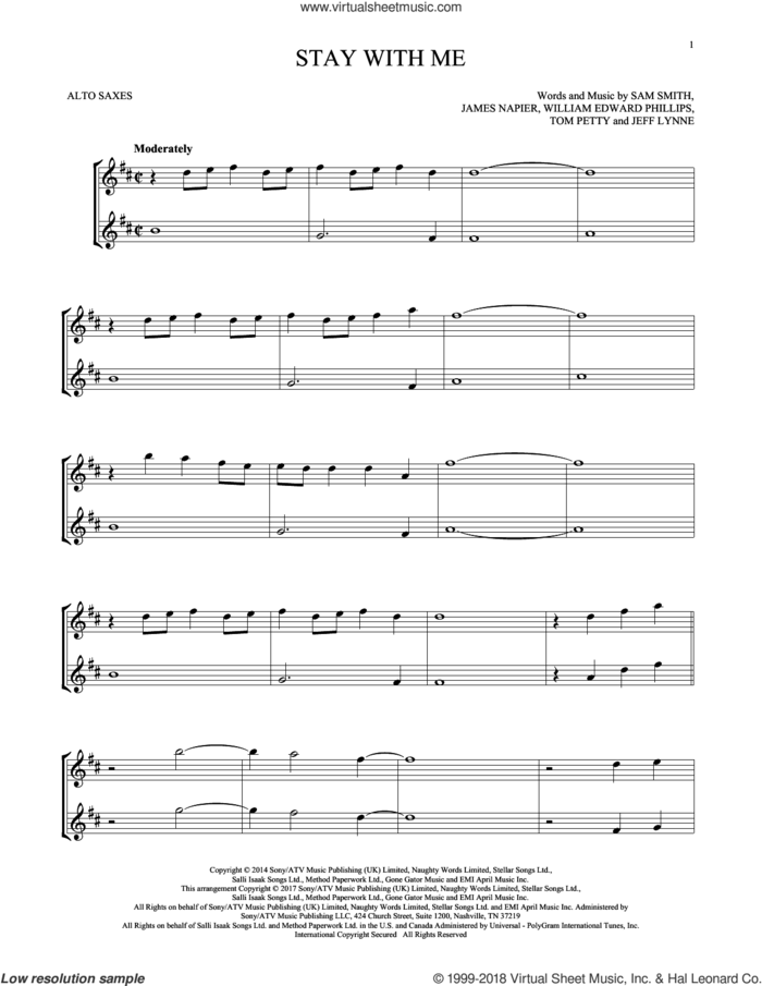 Stay With Me sheet music for two alto saxophones (duets) by Sam Smith, James Napier, Jeff Lynne, Tom Petty and William Edward Phillips, intermediate skill level
