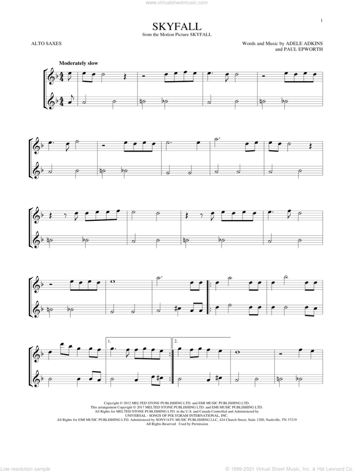 Skyfall sheet music for two alto saxophones (duets) by Adele, Adele Adkins and Paul Epworth, intermediate skill level