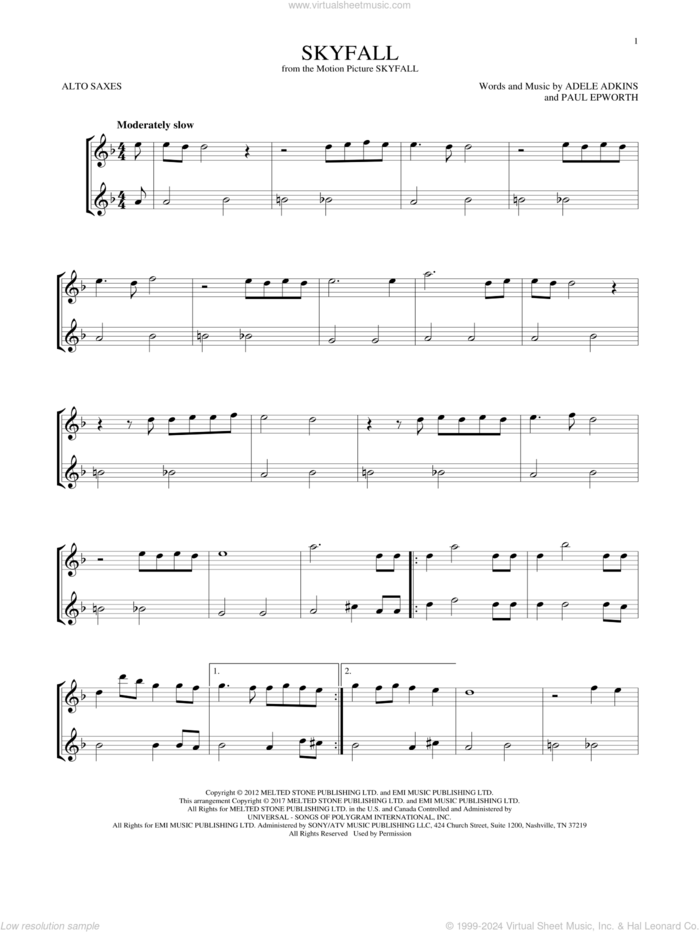 Skyfall sheet music for two alto saxophones (duets) by Adele, Adele Adkins and Paul Epworth, intermediate skill level