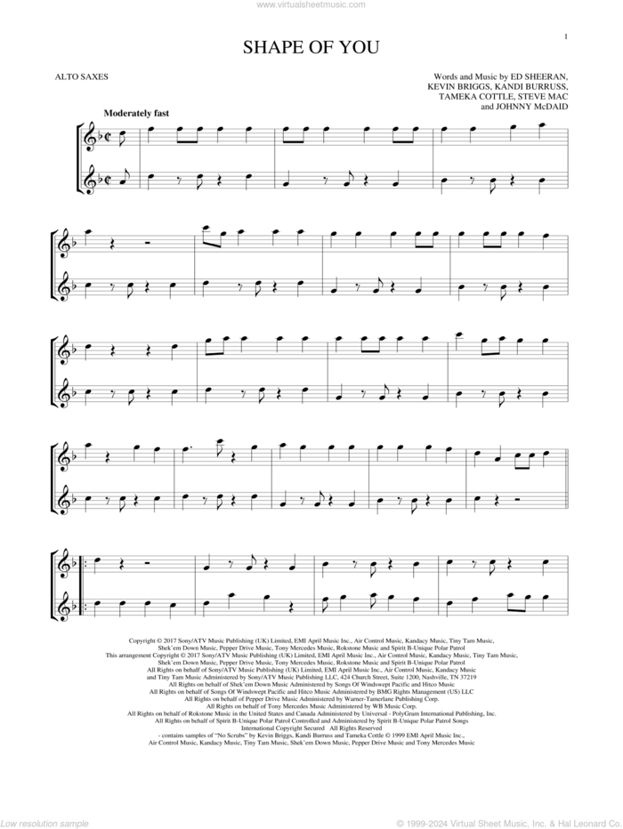 Shape Of You sheet music for two alto saxophones (duets) by Ed Sheeran, Johnny McDaid, Kandi Burruss, Kevin Briggs, Steve Mac and Tameka Cottle, intermediate skill level