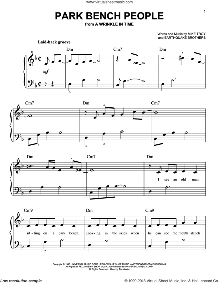 Park Bench People (from A Wrinkle In Time) sheet music for piano solo by Earthquake Brothers and Mike Troy, easy skill level