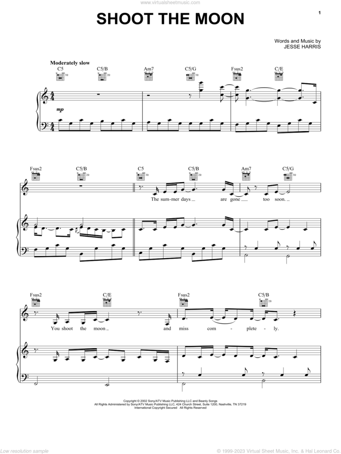 Shoot The Moon sheet music for voice, piano or guitar by Norah Jones and Jesse Harris, intermediate skill level