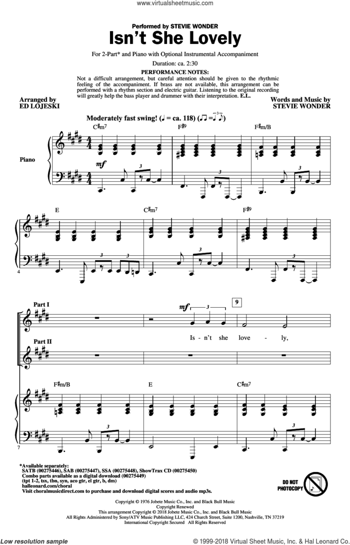Isn't She Lovely (arr. Ed Lojeski) sheet music for choir (2-Part) by Stevie Wonder and Ed Lojeski, intermediate duet