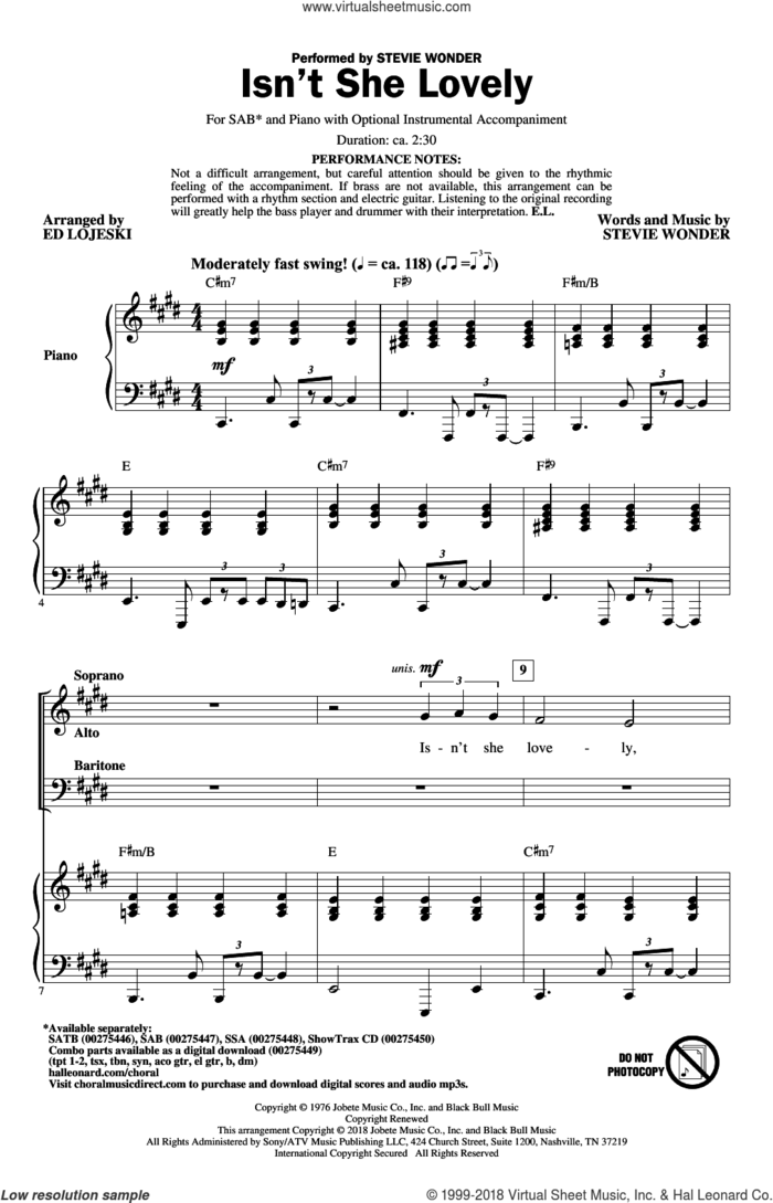 Isn't She Lovely (arr. Ed Lojeski) sheet music for choir (SAB: soprano, alto, bass) by Stevie Wonder and Ed Lojeski, intermediate skill level
