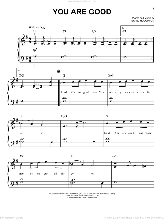 You Are Good sheet music for piano solo by Israel Houghton and The Katinas, easy skill level