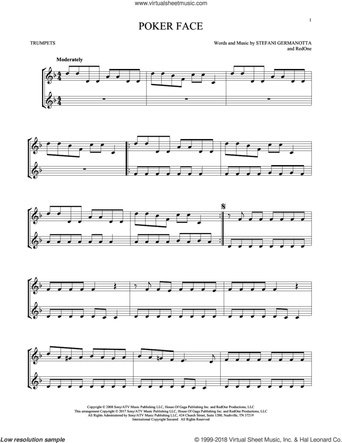 Poker Face sheet music for two trumpets (duet, duets) by Lady Gaga and RedOne, intermediate skill level