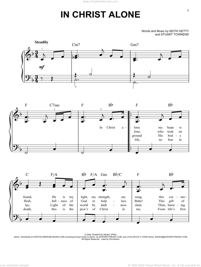 In Christ Alone, (easy) sheet music for piano solo by Stuart Townend, Keith & Kristyn Getty, Newsboys and Keith Getty, easy skill level