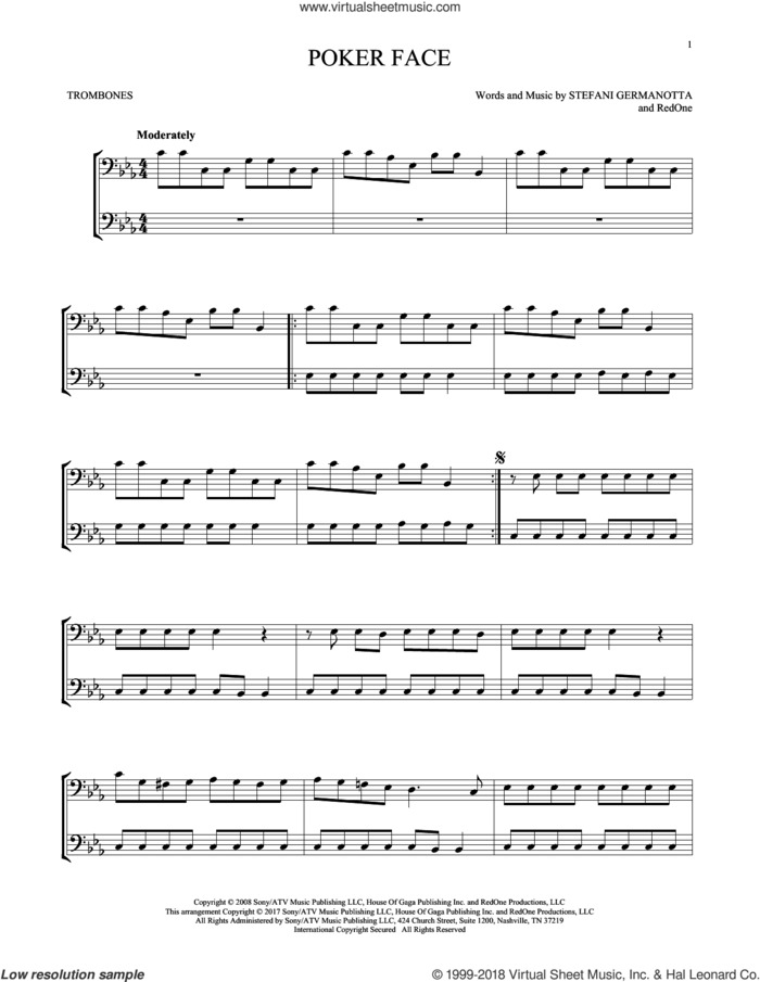 Poker Face sheet music for two trombones (duet, duets) by Lady Gaga and RedOne, intermediate skill level
