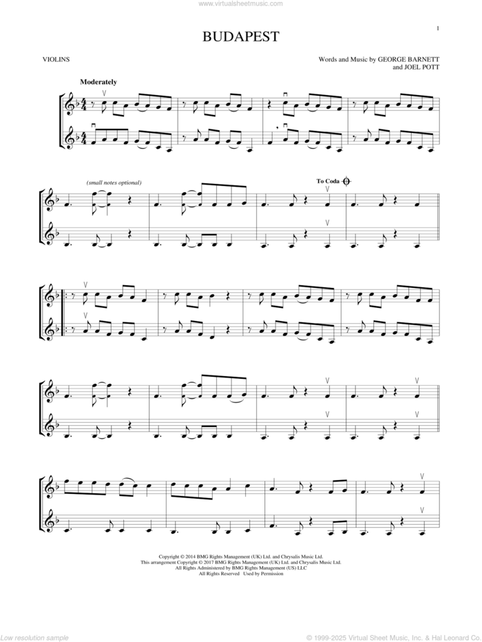 Budapest sheet music for two violins (duets, violin duets) by George Ezra, George Barnett and Joel Pott, intermediate skill level