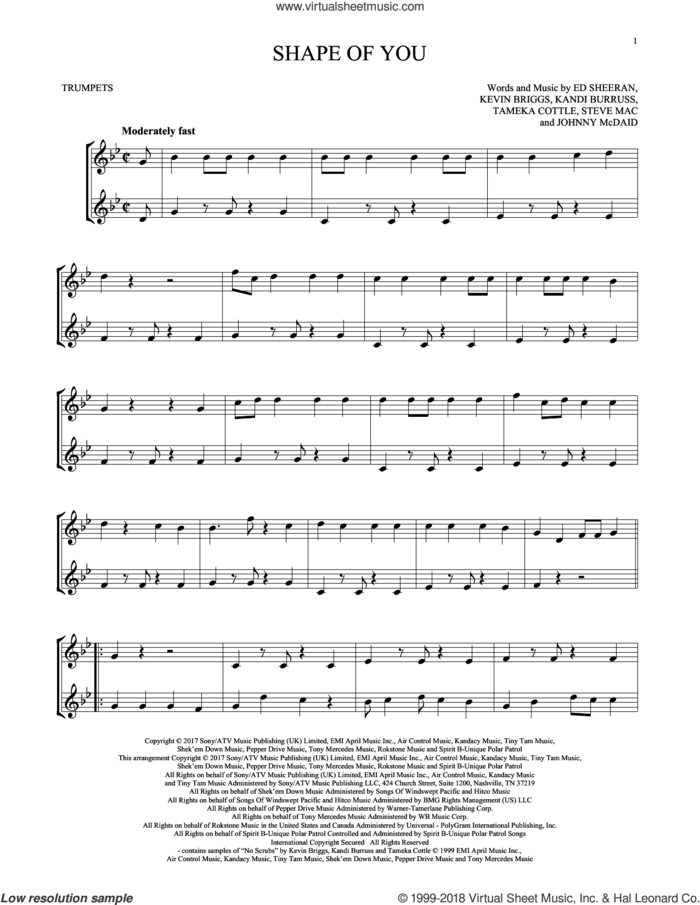 Shape Of You sheet music for two trumpets (duet, duets) by Ed Sheeran, Johnny McDaid, Kandi Burruss, Kevin Briggs, Steve Mac and Tameka Cottle, intermediate skill level